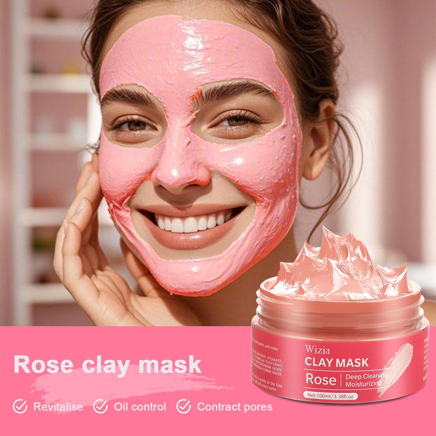 Wizia 3-Pack Clay Face Mask Set with Brush | Dead Sea Mineral, Green Tea & Rose Clay Masks | Deep Cleansing & Hydrating Facial Skincare Set for Women, Teens, All Skin Types