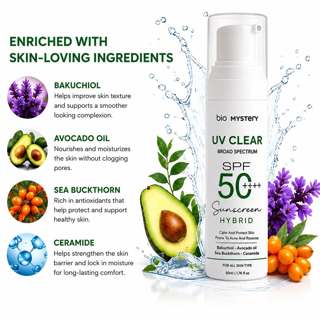 Bio Mystery Clear Face Sunscreen Lotion for Acne-Prone Skin | Hybrid Broad Spectrum SPF 50+++ | Lightweight, Non-Greasy & Matte Finish | Daily Facial Sunscreen Oily & Sensitive Skin | 50ml / 1.76 floz
