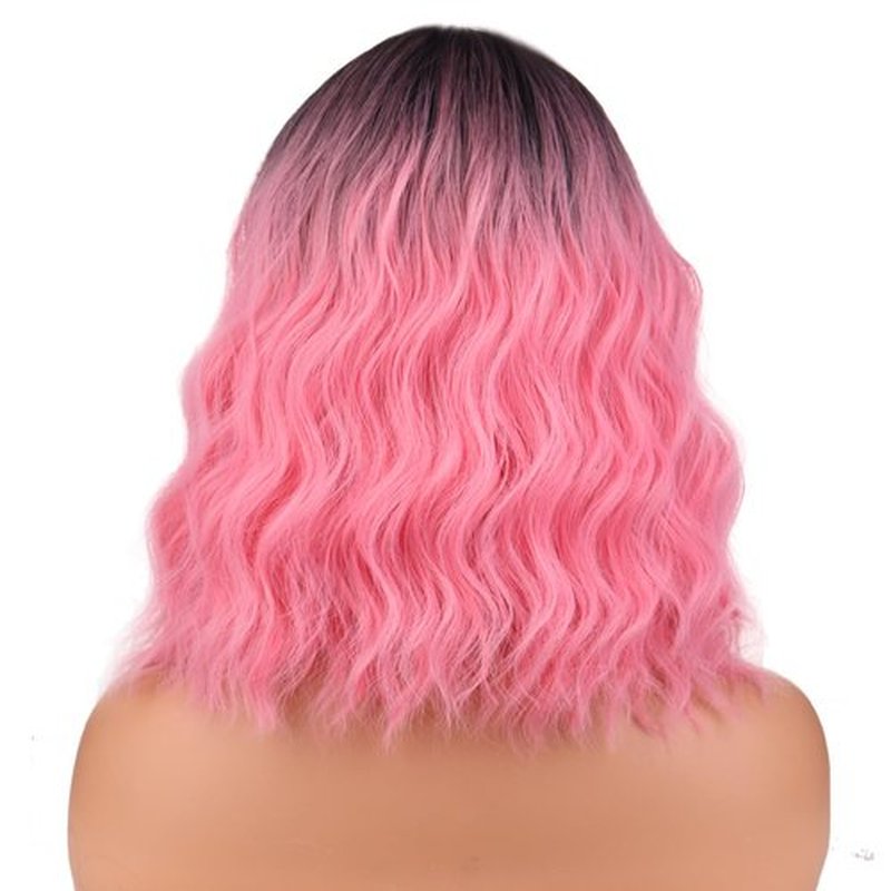 BERON 14 Inches Black Pink Ombre Wig Short Curly Wig with Bangs Pink Wig Synthetic Wigs Women Girls Ombre Wig with Wig Cap