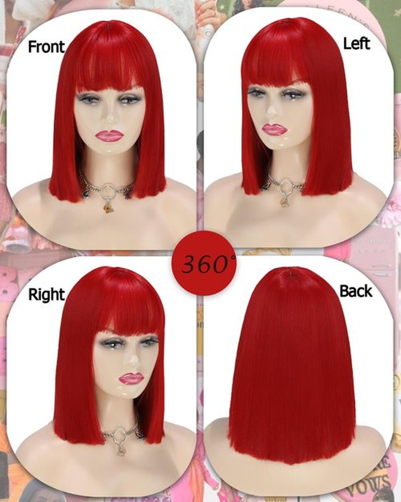 MeaYOO Red Wig with Bangs for Women,12 Inch Red Bob Wig Short Wigs Natural Looking Straight Synthetic Heat Resistant Fiber Wigs for Girls Daily Party Use Shoulder Length Colorful Wig Cosplay Wigs