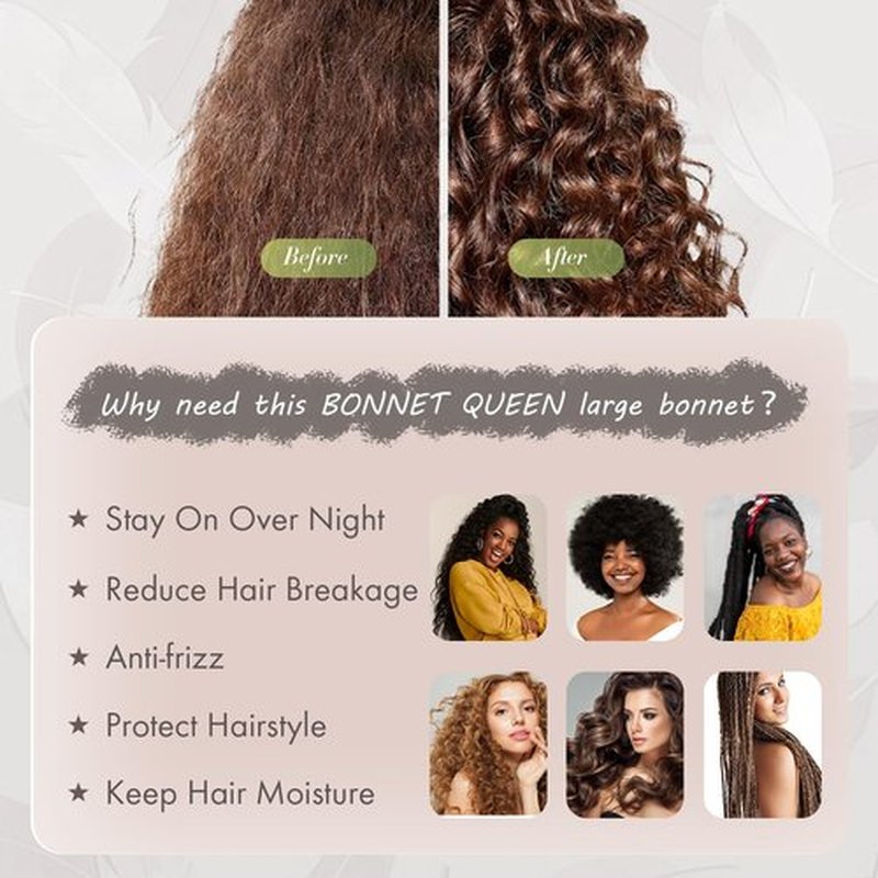 BONNET QUEEN Large Satin Bonnet Silk Bonnet for Sleeping Women Hair Bonnet Big Bonnet Night Sleep Cap Scarf Wrap for Curly Hair with Tie Band Grey Brown