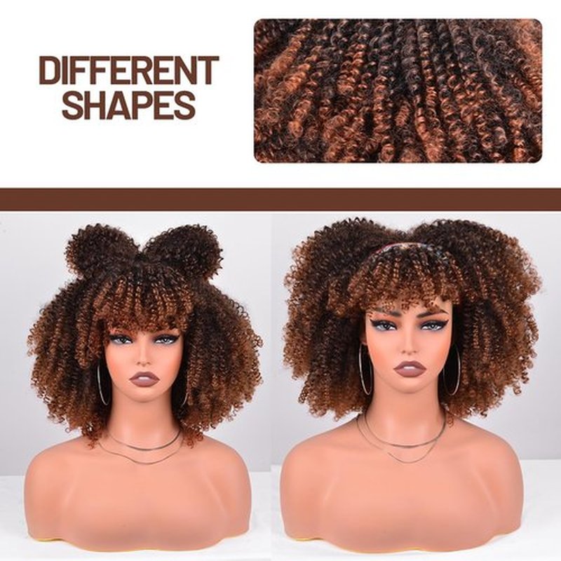 Vitorish Synthetic Hair Wig 12 Inches Curly Afro Wig With Bangs about 280g/Piece Full Machine Made Scalp Top Wig Afro Kinky Curly Synthetic Hair Cosplay Wig (Black to Brown)