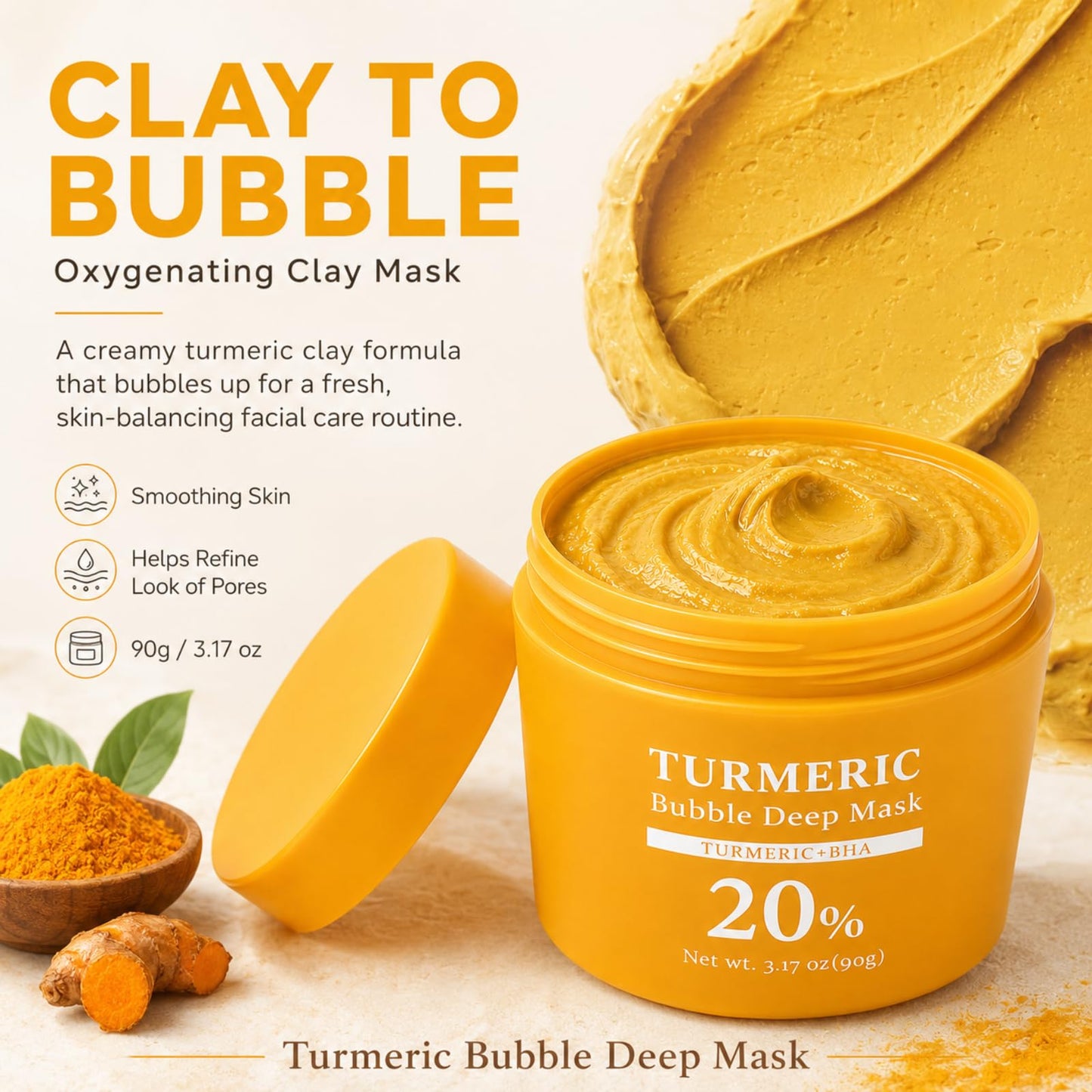 Turmeric Bubble Deep Mask - Oxygenating Clay Mask for Smoothing Skin, Helps Refine Look of Pores, Skin Balancing Facial Care(90g / 3.17 oz) (Turmeric)