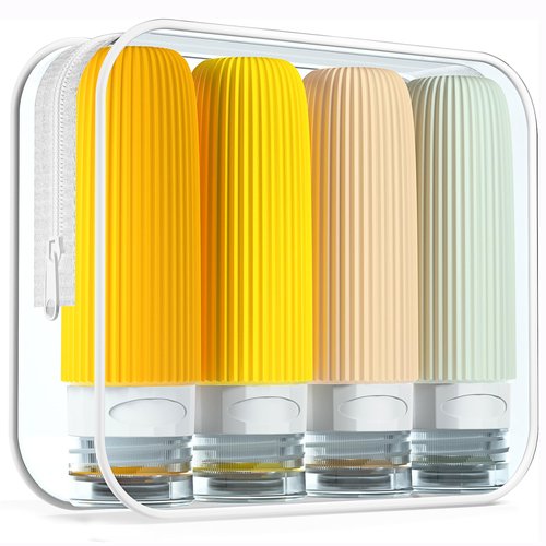 Mrsdry Travel Bottles for Toiletries, Tsa Approved 3oz Portable Travel Bottles, BPA Free Leak Proof Squeezable Silicone Travel Size Containers, Travel Accessories with Clear Toiletry Bag (4 Pack)