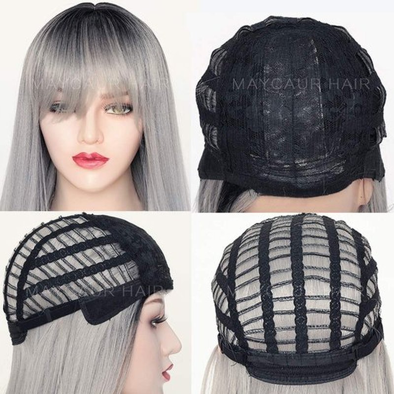 Maycaur Grey Color Synthetic Hair Wigs with Full Bangs Black Gray Ombre Color Long Straight Women's Wig Heat Resistant Hair Synthetic No Lace Wigs for Fashion Women