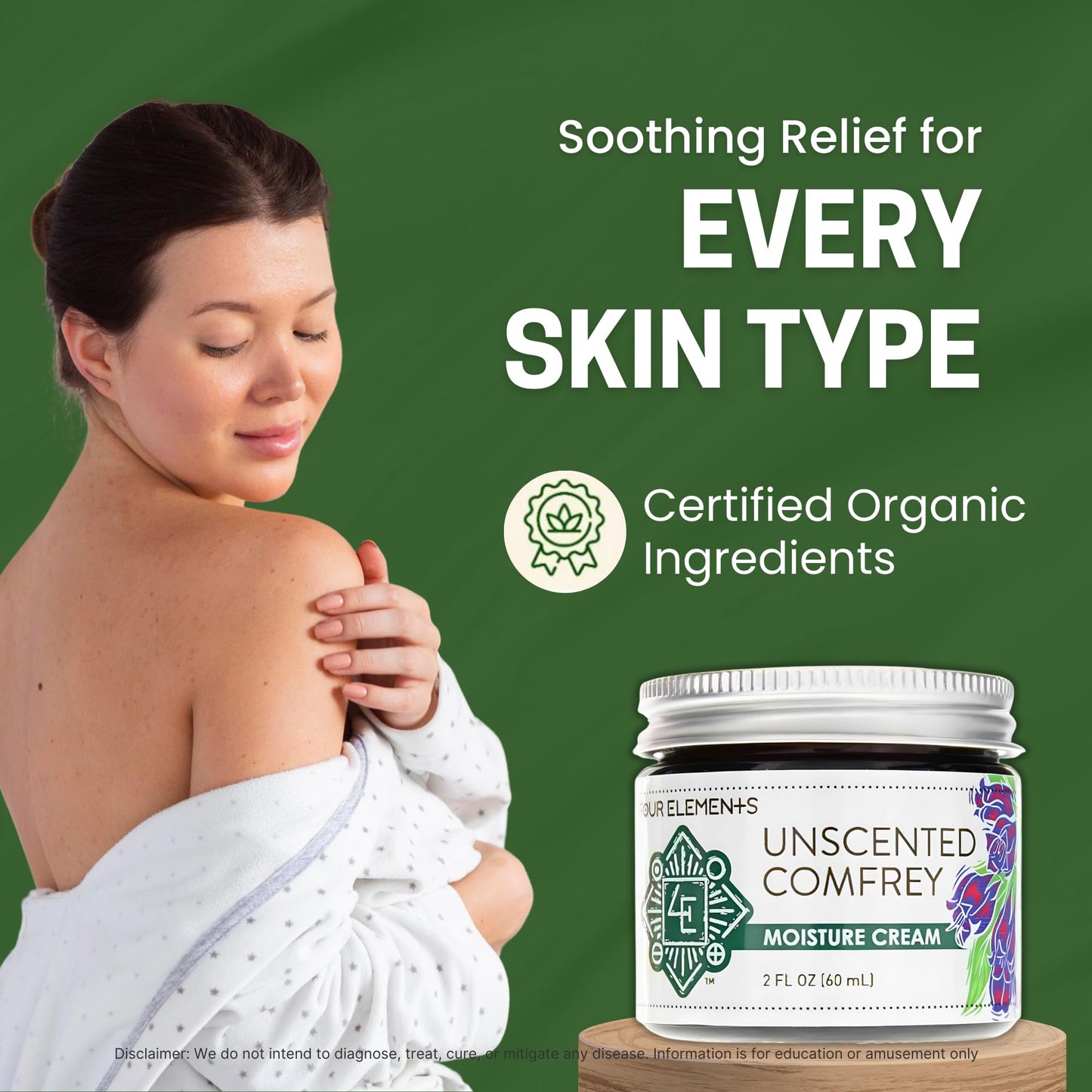 Four Elements 4E Unscented Comfrey Moisture Cream, Deeply Moisturize and Nourish your Skin, Certified Organic, 2 OZ