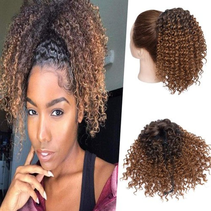 Hairro Afro Kinky Curly Ponytail Extensions Short Synthetic Hair 8 Inch Drawstring Deep Wave Puff Hairpieces for Black Women Ombre 1B/30 Auburn