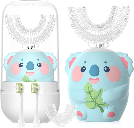 ELOTAME Cartoon Kids U Shaped Electric Toothbrush with 4 Brush Heads,Full Mouth 360-Degree Cleaning Sonic Automatic Toothbrush with IPX7 Waterproof (8-15 Age Blue Koala witht Cup)