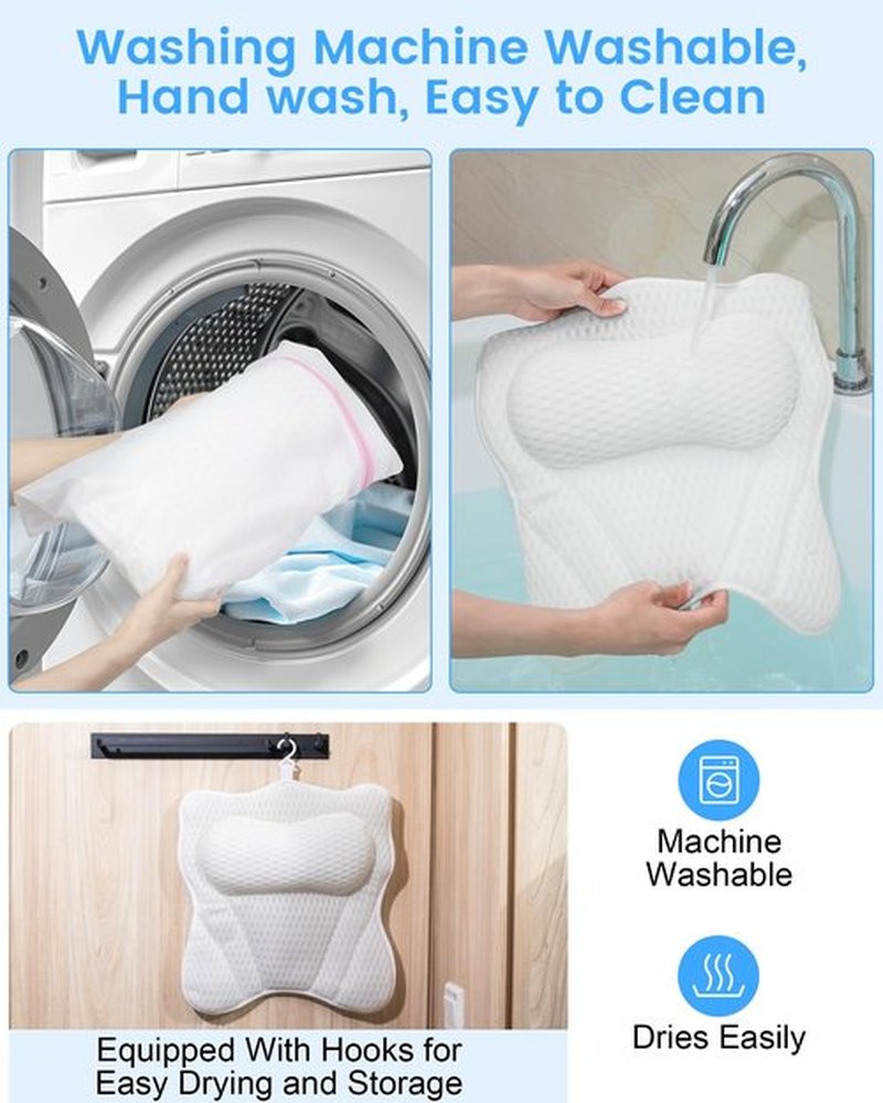 MTDLYICE Bath Pillow, Bath Pillows for Tub Neck and Back Support, Soft 4D Air Mesh Bathtub Pillow 16.5 x 17.3 INCH, with 6 Powerful Suction Cups, Bath Accessories Relaxing Gifts for Women (White)