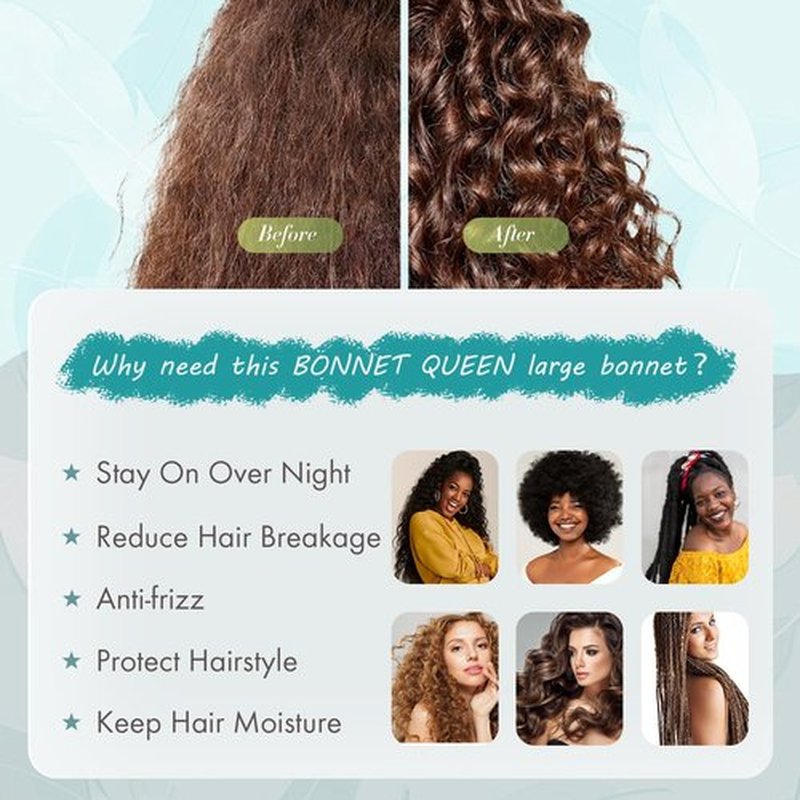 BONNET QUEEN Large Satin Bonnet Silk Bonnet for Sleeping Women Hair Bonnet Big Bonnet Night Sleep Cap Scarf Wrap for Curly Hair with Tie Band Aqua