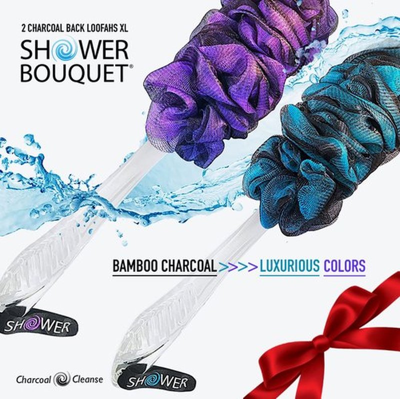 Loofah-Charcoal Back-Scrubbers Color-2-Pack-by-Shower-Bouquet: Long-Handle Bath-Sponge-Brushes with Extra Large Soft Mesh for Men & Women - Exfoliating Full Pure Cleanse in Bathing Accessories