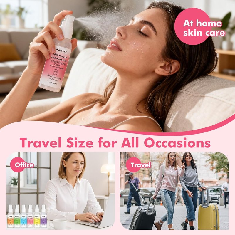KONEUK Refreshing Face Mist Kit | Hydrating & Soothing Facial Spray for Glowing Skin | Travel Size 2.02 fl oz - 6 Pack