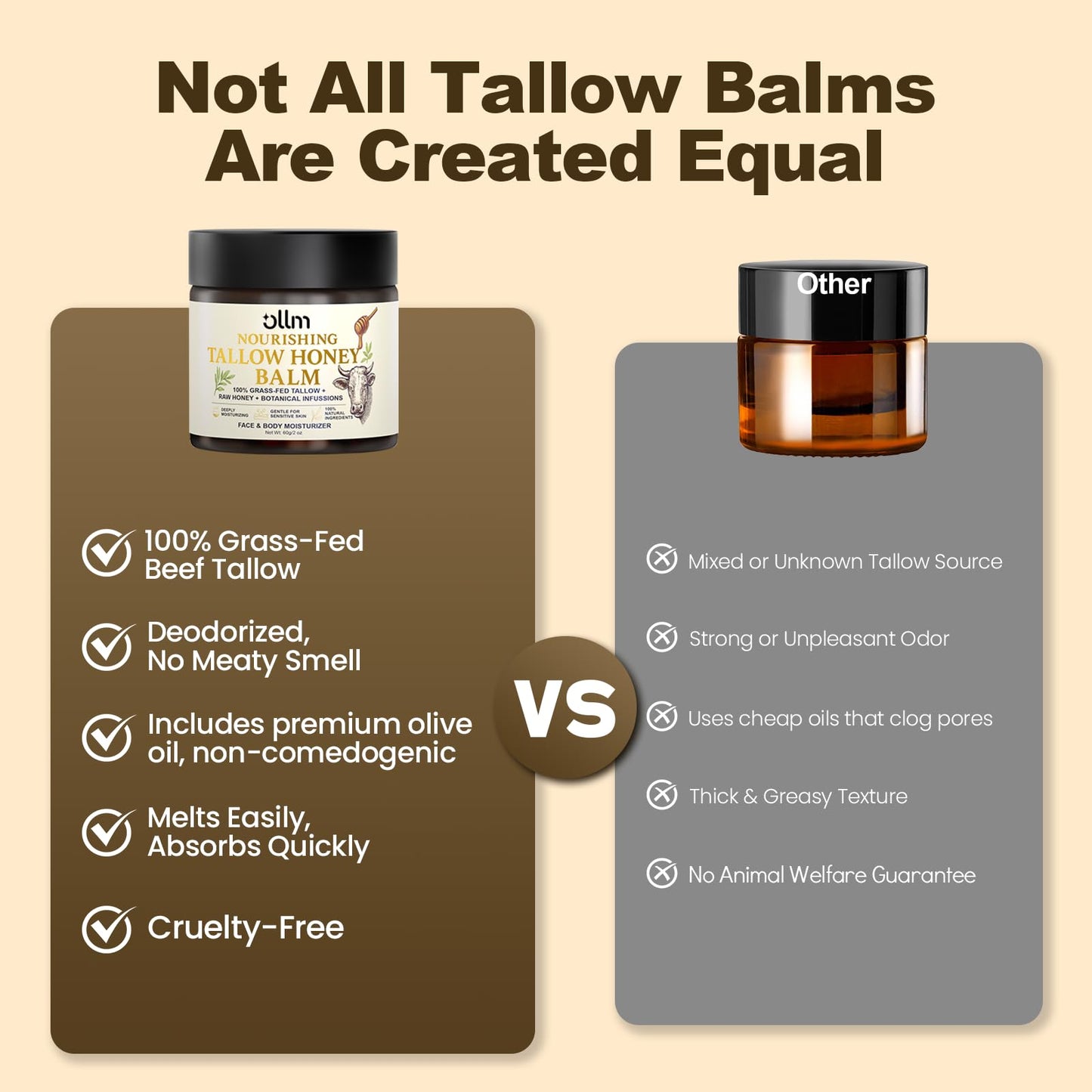 OLLM Beef Tallow for Skin: Grass Fed Tallow and Honey Balm With Raw Honey and Beeswax, Tallow Face Moisturizer Safe for Babies, Moms, and All Skin Types, Light Scent