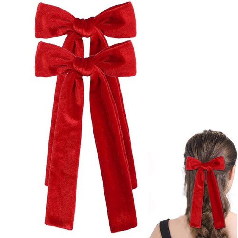 2PCS Velvet Hair Bows, Hair Ribbon Clips Big Fall Alligator Clips Hair Accessories for Women Girls (Red)