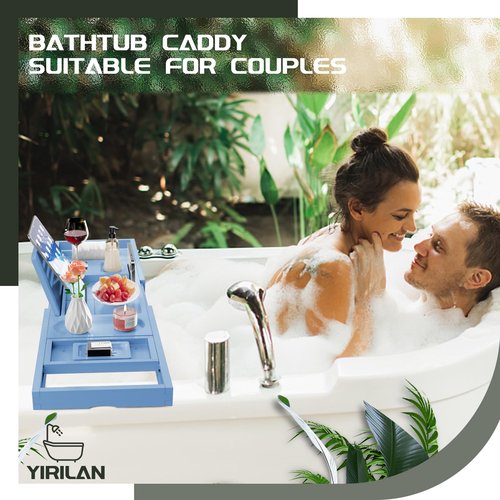 Yirilan Premium Bathtub Tray Caddy - Expandable Bath Tray - Unique House Warming Gifts, New Home, Anniversary & Wedding Gifts for Couple, Bridal Shower Gift for Women-Blue
