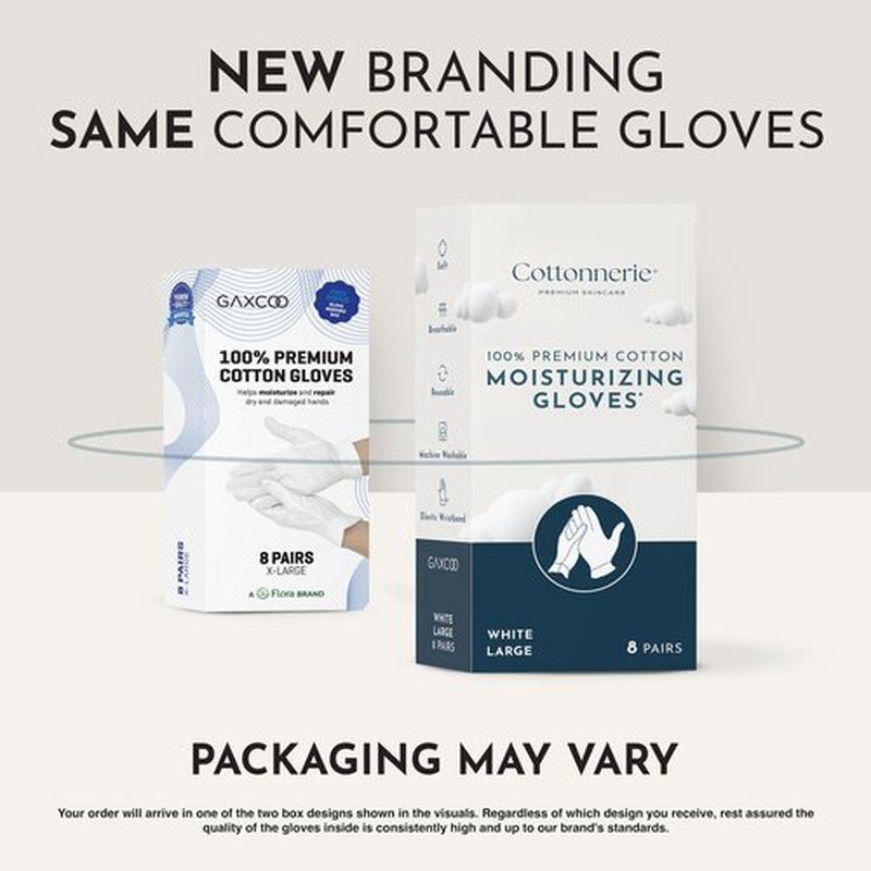Gaxcoo Cottonnerie Large 8 Pairs Cotton Moisturizing Gloves for Dry Hands & Eczema - Overnight Lotion & Spa Treatment for Women & Men - Reusable, Free Washing Bag - Packaging May Vary