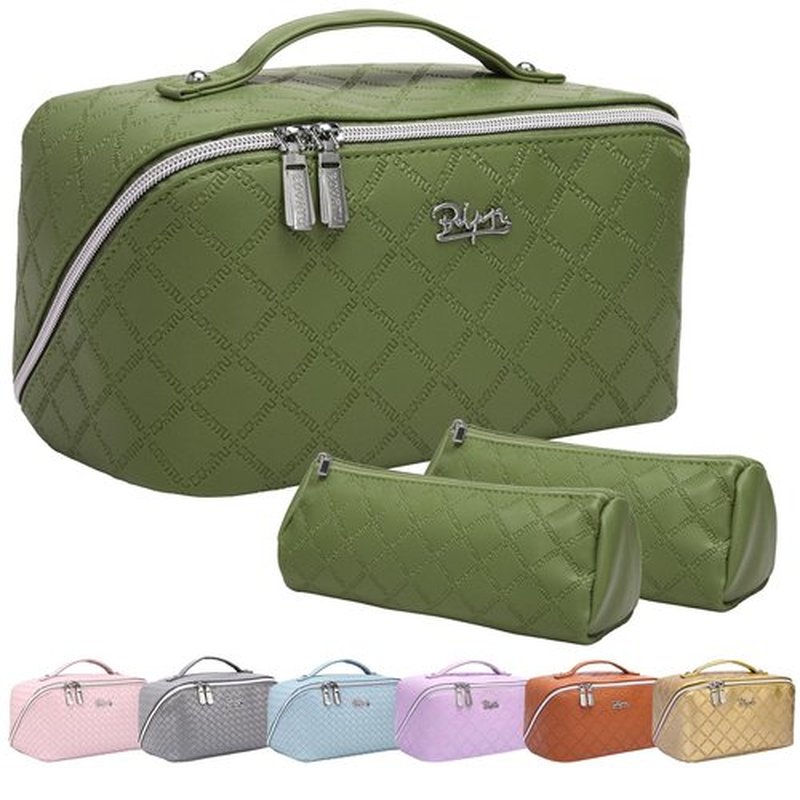 Travel Makeup Bags Cosmetic Organizer Bag: 3-Set Large Capacity Make up Bag - PU Leather Toiletry Bag for Women - Wide Open Portable Pouch with Divider & Handle (07-Green-1)