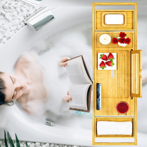 Premium Bathtub Tray Caddy with Makeup Mirror Bamboo - Bath Tray Expandable- Unique House Warming Gifts, New Home, Anniversary & Wedding Gifts for Couple, Bridal Shower Gift for Women