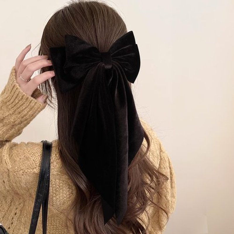 2pc Big Hair Bows for Women Girls Brown Velvet Ribbon Hair Bow Clips with Long Tail French Barrette Hair Clamps Fall Winter Ponytail Holder Decoration Accessories