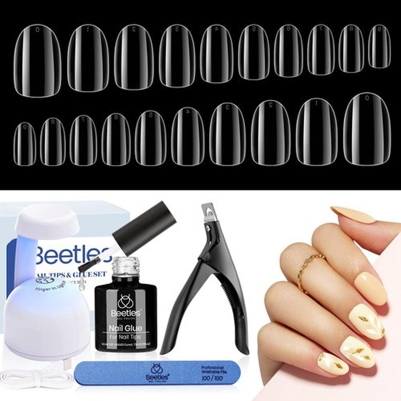 Beetles Gel Nail Kit Easy Nail Extension Set with Clear Soft Gelly Gel Nail Tips, 240 Pcs Beetles Gel X Short Oval Nails Tips 5 In 1 Nail Glue Base Gel Uv Led Lamp Press on Nails False Nails