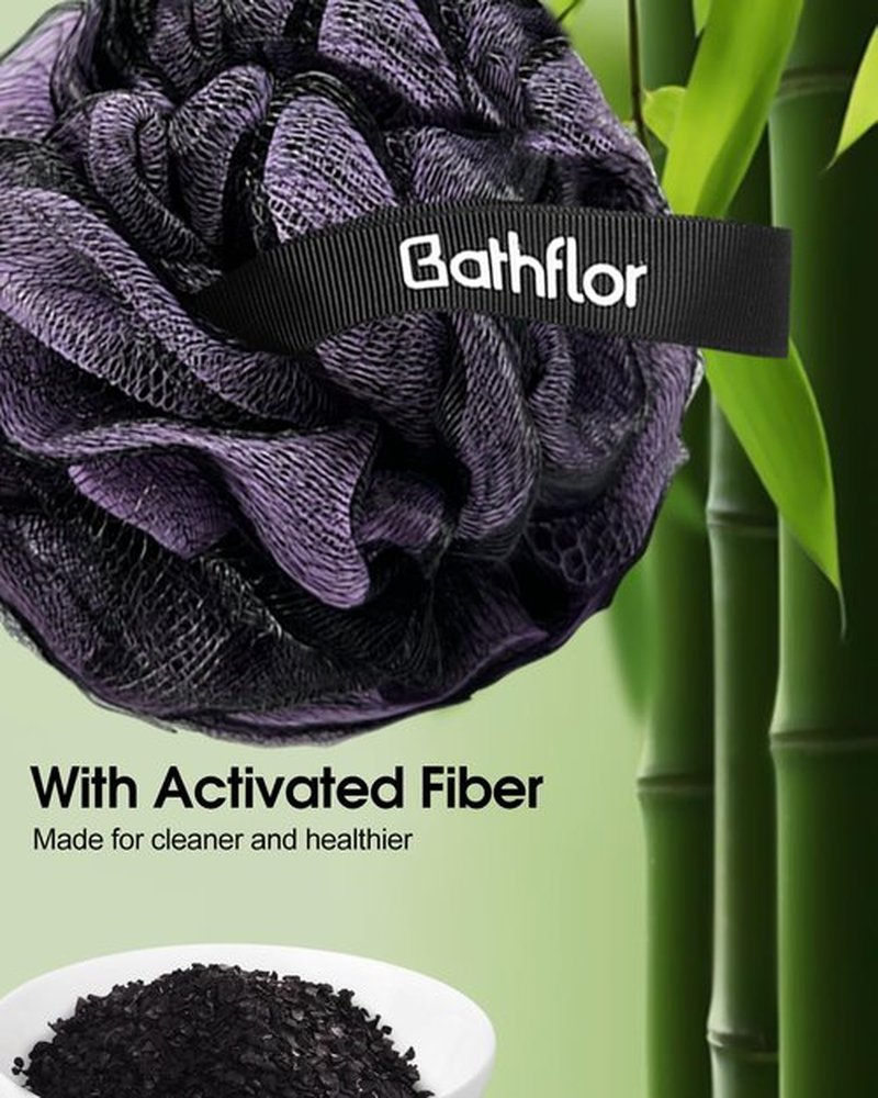 Bathflor Shower Loofah Sponge Exfoliating Body Scrubber 80g, Charcoal Loofa for Women & Men Bath Wash: 1 Long Handle Back Brush Plus 4 Packs Extra Large 80g Soft Luffa Poufs, 1 Lufa Hook (Charcoal)