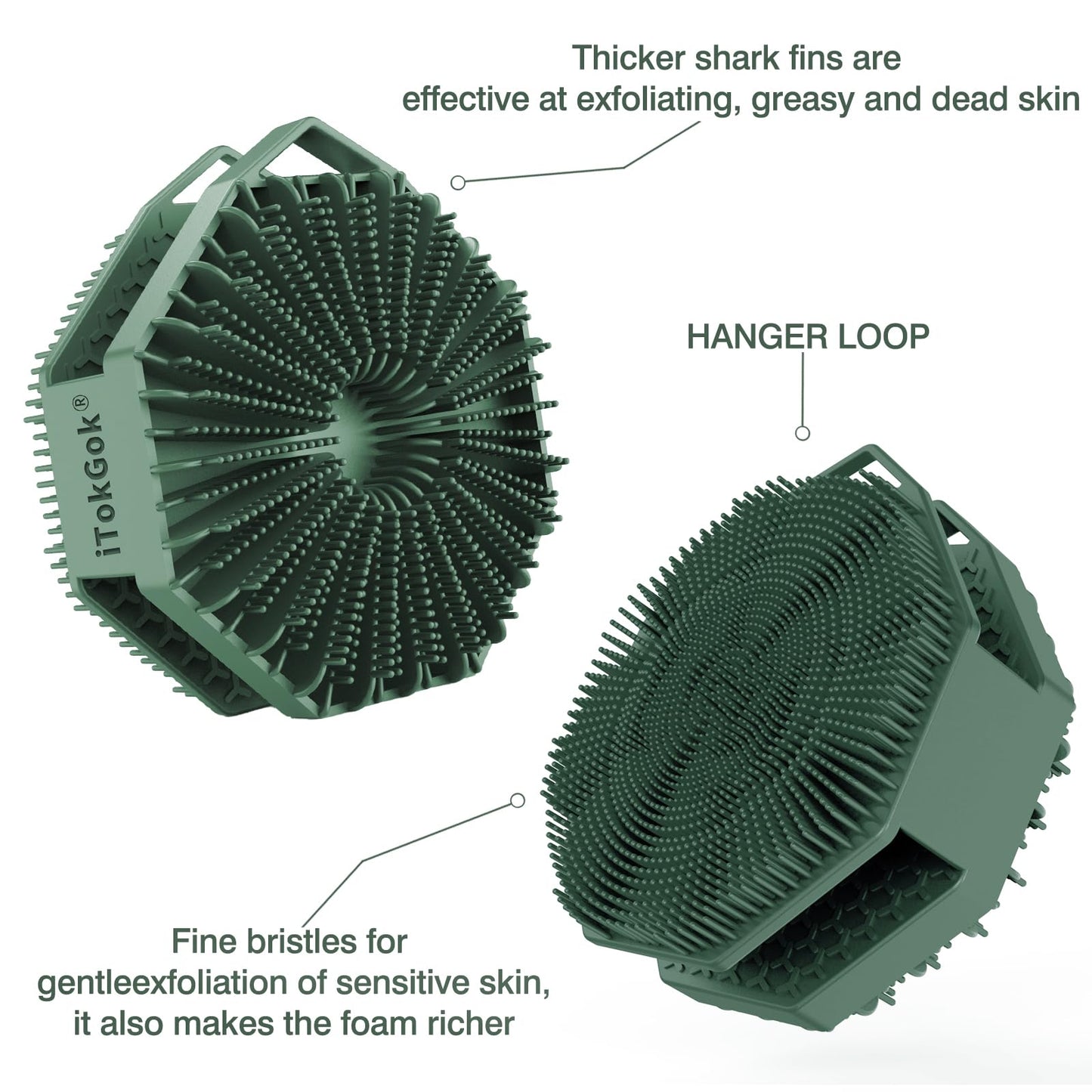iTokGok® Premium 2-in-1 Silver-Infused Silicone Body Scrubber for Men, Double-Sided Design Body Brush Silicone Body Scrubber Exfoliating Body Brushes for All Skin, Lathers Well - Midnight Green