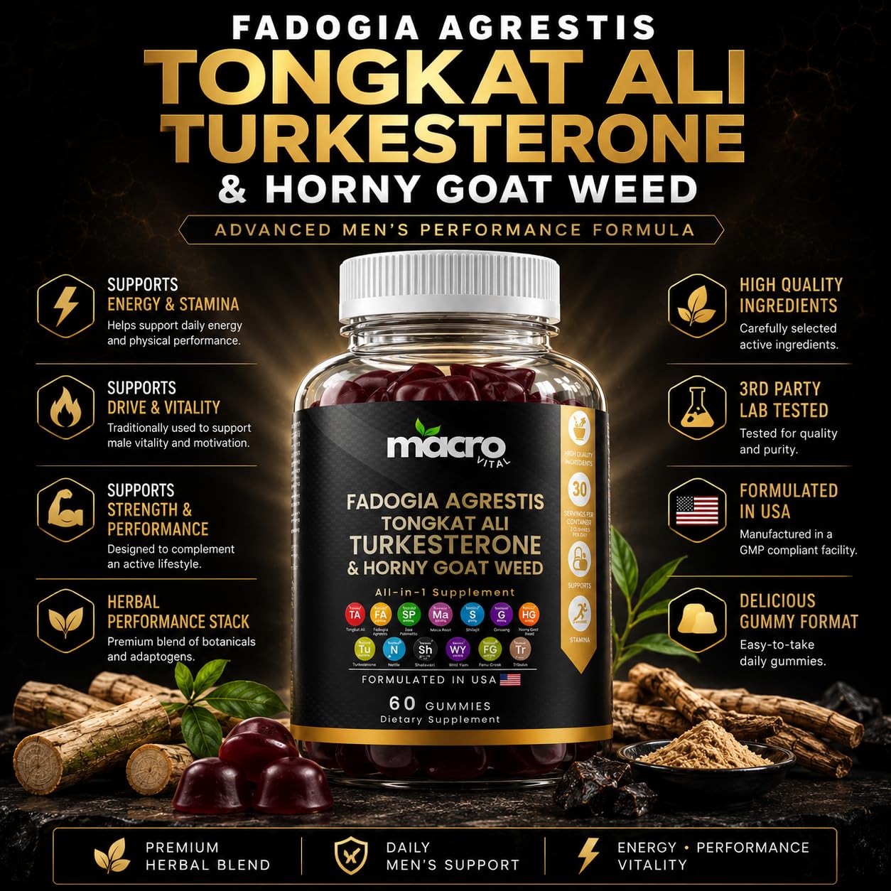 MACRO VITAL Testosterone Booster for Men Gummies [Fast-Max Absorption] Masculinity Boost, Turkesterone, Tongkat Ali, Horny Goat Weed, Maca Root, Tribulus,Testo Gummies 60Ct