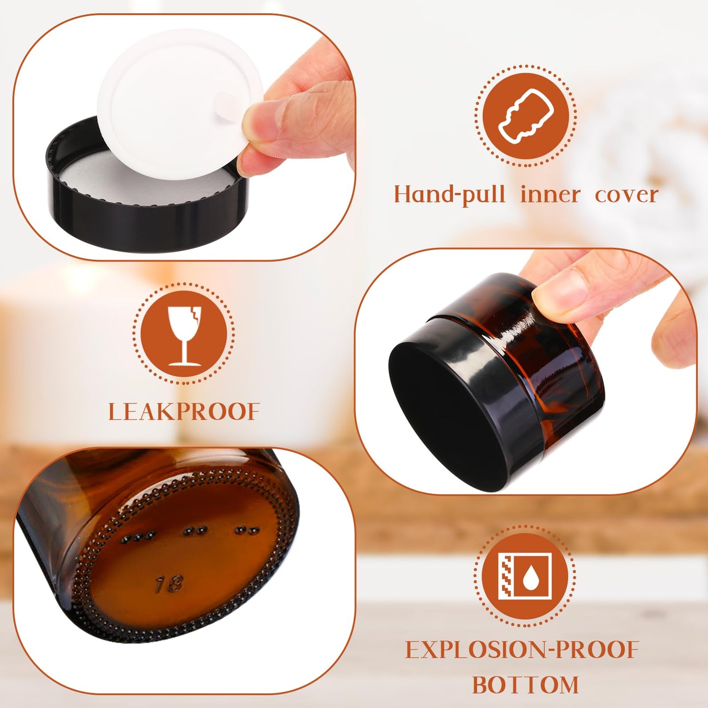 Domensi 60 Pcs 1oz Glass Jars with Lids Bulk Salve Tins Winter Cream Container Small Glass Cosmetic Jars for Travel Lip Balm with Inner Liners for Lotion Sample Cream(Amber, Black Lid)
