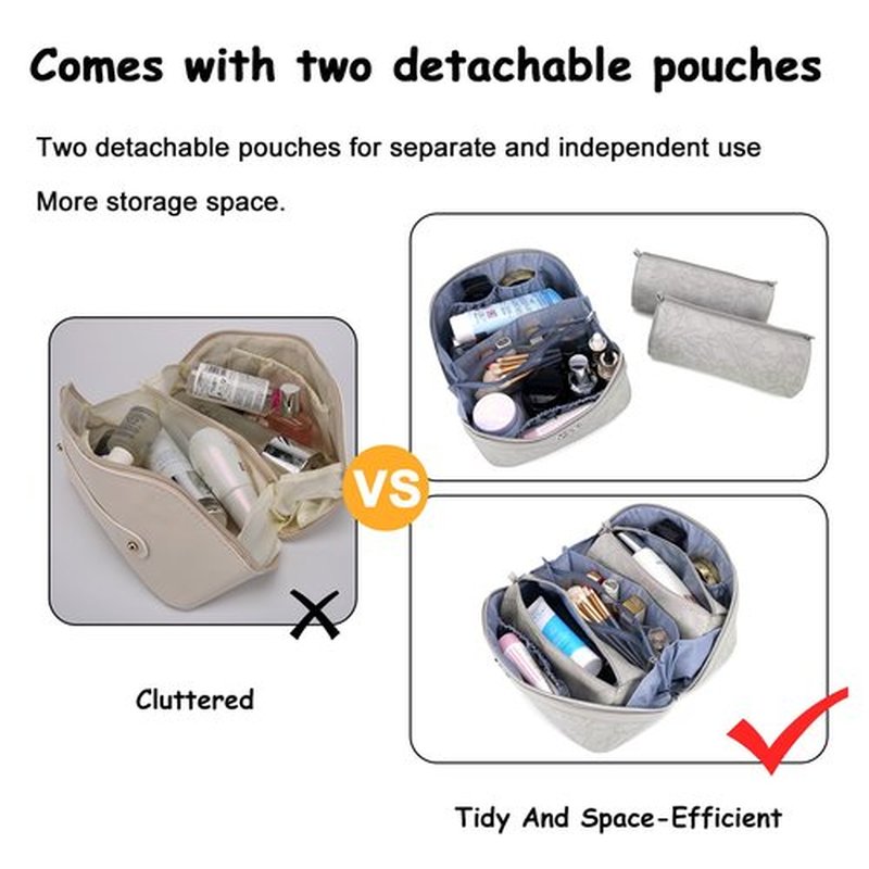 Travel Makeup Bags Cosmetic Organizer Bag: 3-Set Large Capacity Make up Bag - PU Leather Toiletry Bag for Women - Wide Open Portable Pouch with Divider & Handle (03-Light Gray)