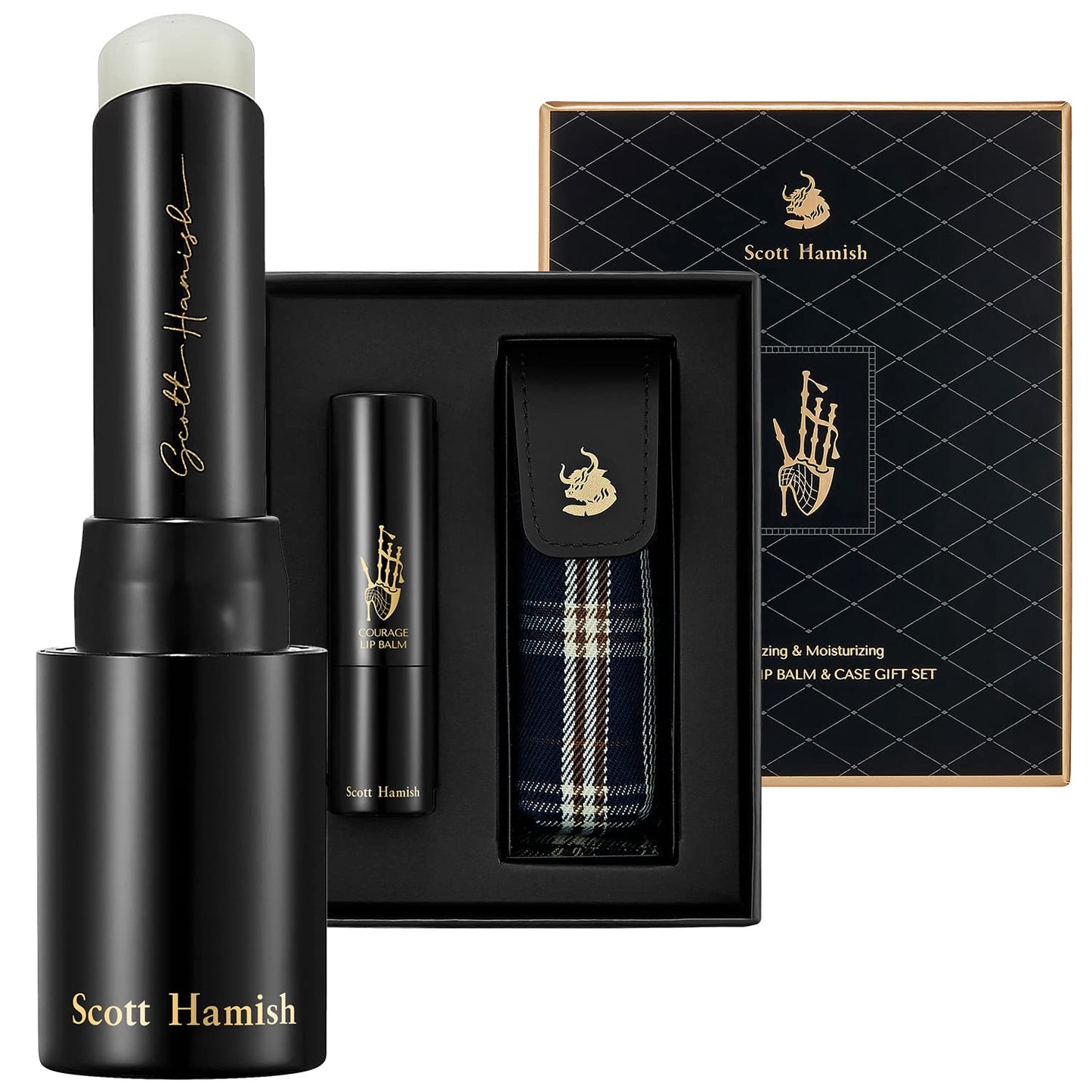 Scott Hamish Courage Lip Balm & Case Gift Set - Pure Cowhide Leather LipBalm Holder with Hydrating Lip Balm for Dry Cracked Lips - Flavored LipBalm & Holder Gift Set for Men