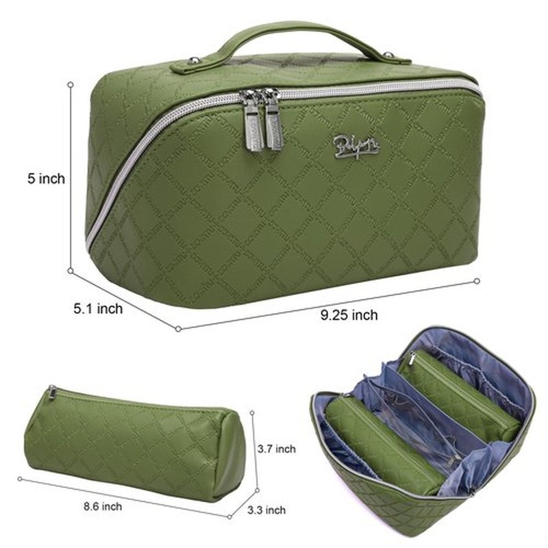 Travel Makeup Bags Cosmetic Organizer Bag: 3-Set Large Capacity Make up Bag - PU Leather Toiletry Bag for Women - Wide Open Portable Pouch with Divider & Handle (07-Green-1)
