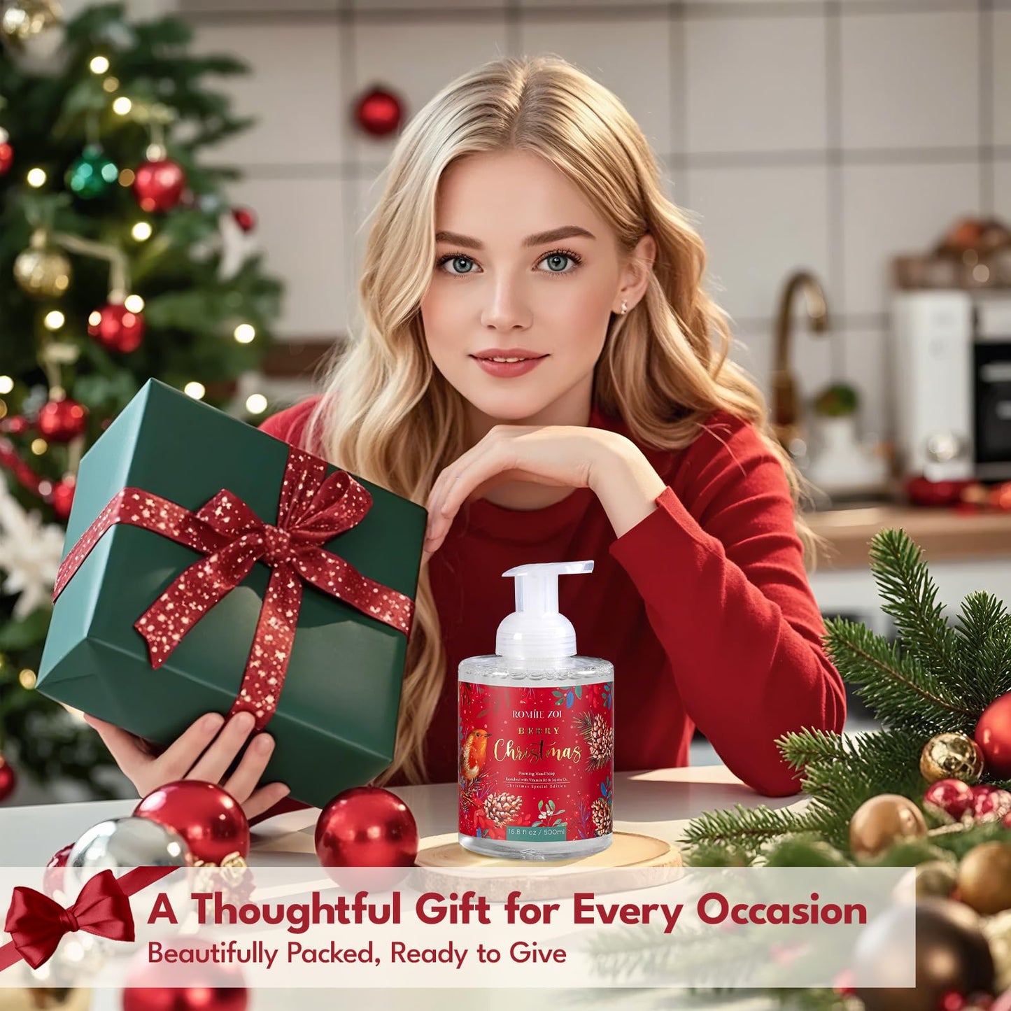 ROMIIE ZOI Christmas Foaming Hand Soap with Gift Box- Berry Christmas, Infused with Holiday Floral- 500ml/ 16.8oz