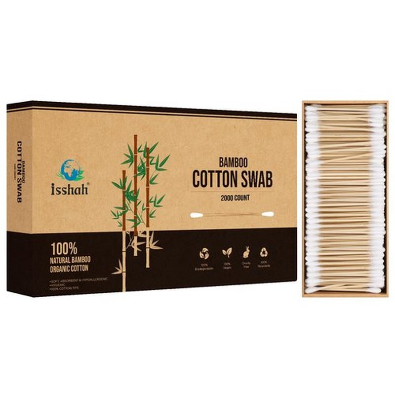 Bamboo Cotton Swabs - 2000 Count - FSC Certified and PETA Approved, Eco Friendly Double Tips, Plastic Free Ear Sticks, All Natural 100% Biodegradable Organic Cotton Buds by Isshah