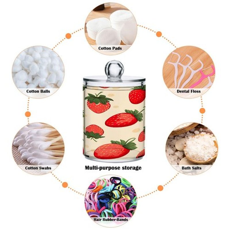 Blueangle 2 Pack Strawberry Pattern Qtip Holder Dispenser for Cotton Ball, Cotton Swab - Plastic Apothecary Jar Set for Bathroom Canister Storage Organization（896）