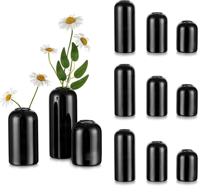 Black Glass Vases Set of 12 - Unique Modern Decor for Flowers | Minimalist Bud Vases for Living Room