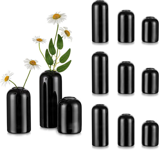 Black Glass Vases Set of 12 - Unique Modern Decor for Flowers | Minimalist Bud Vases for Living Room