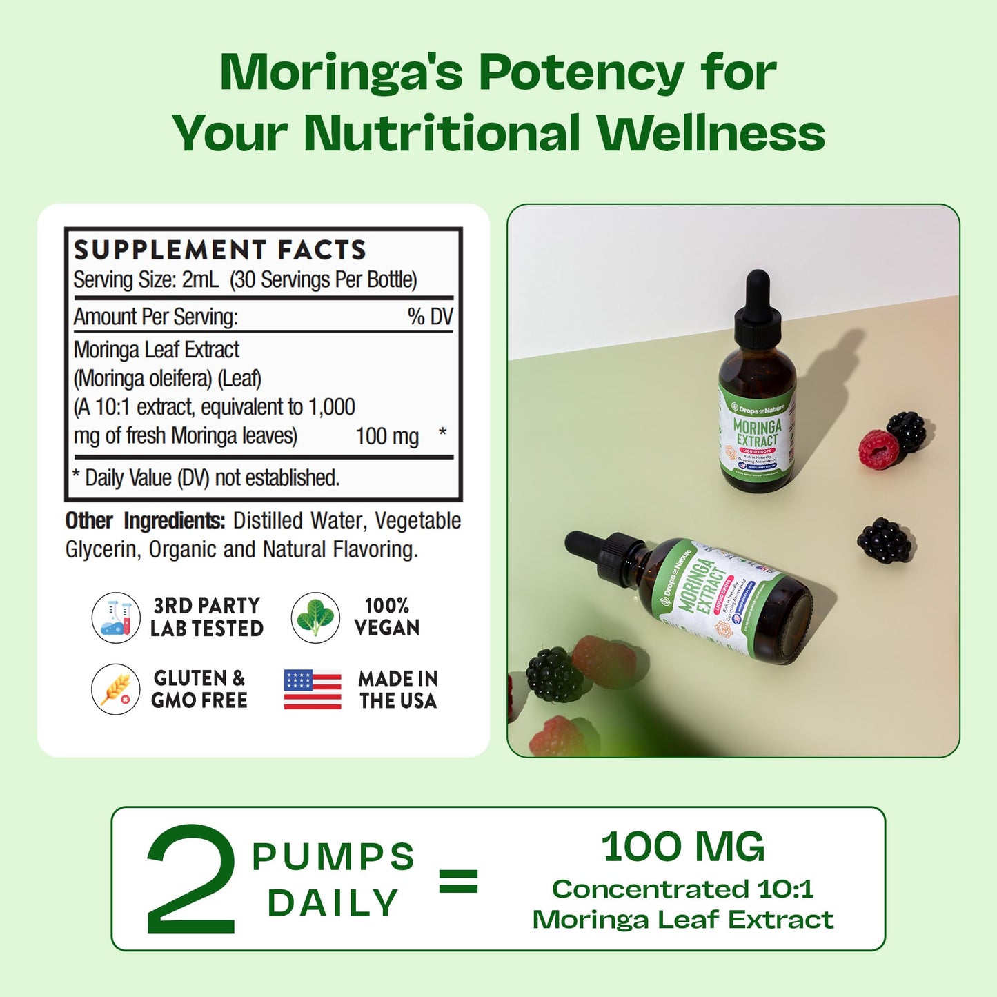 Moringa Liquid Drops Supplement – Vegan, Gluten Free – Greens Superfood Powder & Moringa Capsules Alternative – Mix with Tea Drinks – Packed with Antioxidants for Natural Vitality (Mixed Berry, 60 mL)