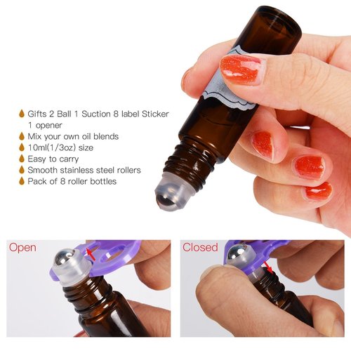 ULG Roll on Bottles 10ml Amber Glass Empty Bottles 8 Piece with Stainless Steel Roller Ball 2 Extra Balls 8 Piece Waterproof Labels 1 Opener and 3ml Dropper for Essential Oils