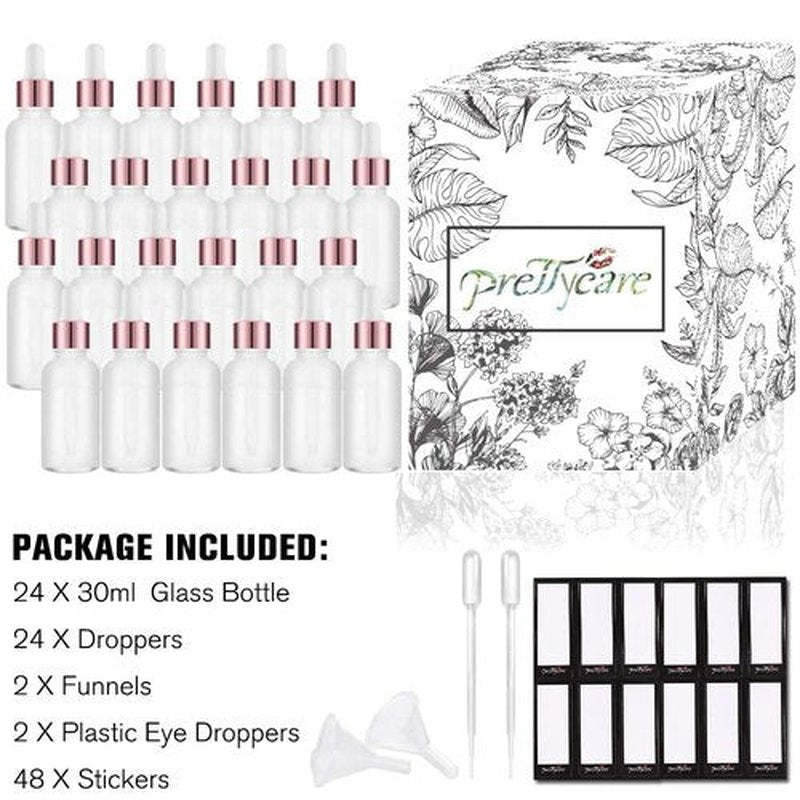 PrettyCare Eye Dropper Bottle 1 oz (24 Pack Frost Rose Glass Bottles 30ml with White and Rose Caps, 48 Labels, Funnel & Measured Pipettes) Empty Tincture Bottles for Essential Oils, Perfume