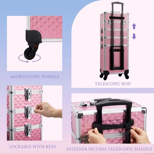 Stagiant Rolling Makeup Train Case Large Storage Cosmetic Trolley 4 in 1 Large Capacity Trolley Makeup Travel Case with Key Swivel Wheels Salon Barber Case Traveling Cart Trunk - Pink