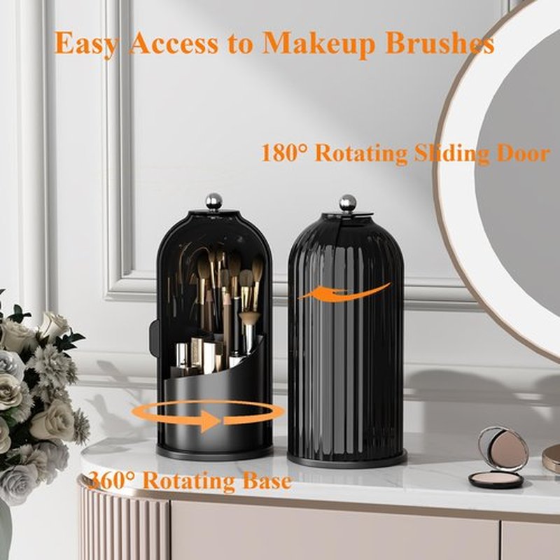Zufudo Makeup Brush Holder Organizer with Lid 360° Rotating Makeup Organizer Countertop Dustproof Cosmetics Organizer for Vanity Bathroom, Dark Black