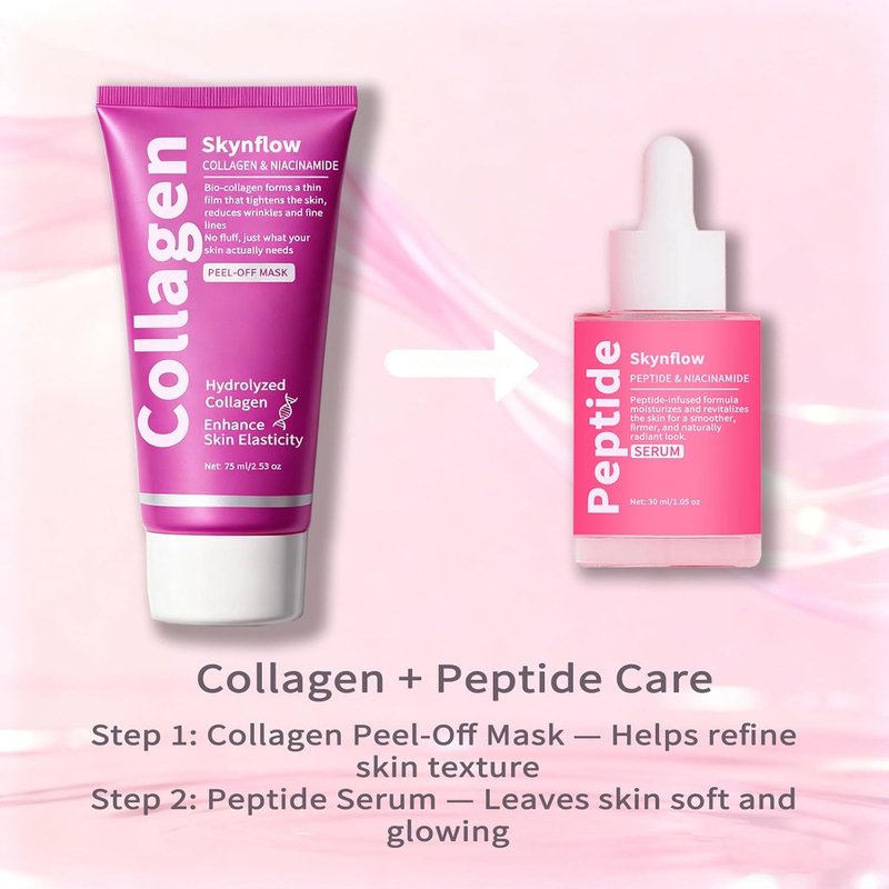 Collagen Face Mask & Peptides Serum - Overnight Peel Off Mask with Hydrolyzed Collagen & Niacinamide for Elasticity & Hydration Care | Set