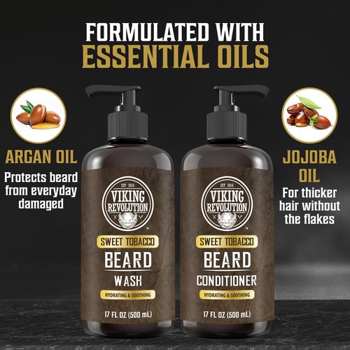 Viking Revolution Beard Wash and Beard Conditioner for Men with Argan Oil and Jojoba Oil - Beard Softener and Strengthener Beard Care Beard Shampoo and Conditioner with Beard Oil (17oz, Sweet Tobacco)