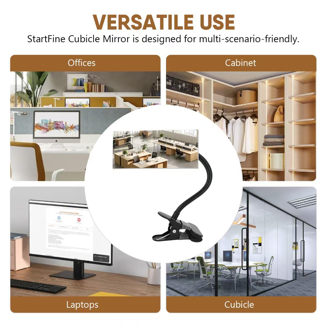 StartFine Clip-on Mirror for Desk Convex Rear View Mirror Office Cubicle for Personal Safety Monitor Computer to See Behind You Flexible Gooseneck Rectangle 6.69"x2.95" Frameless
