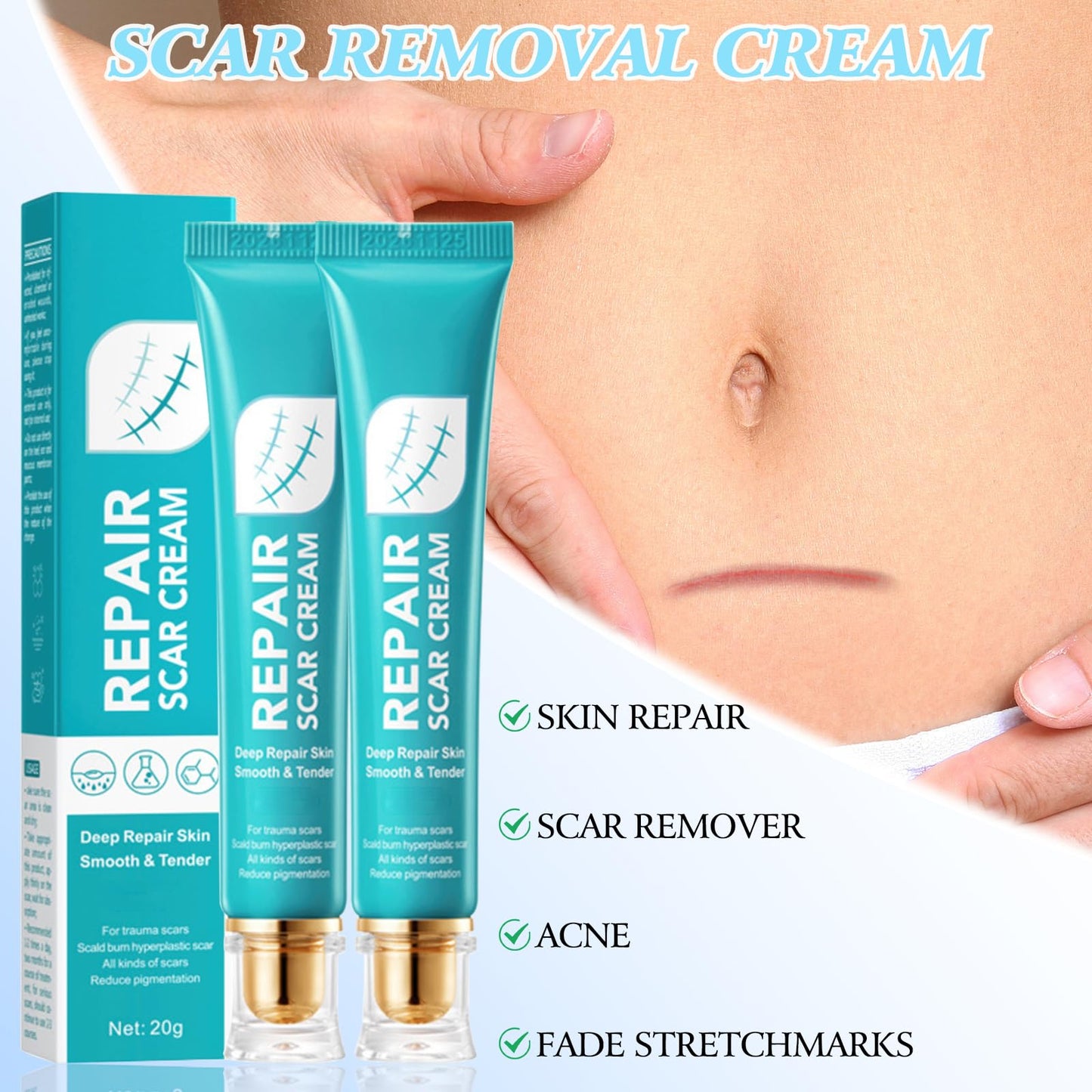 2pcs Scar Cream for Men And Women, Scar Repair Cream, Skin Smoothing Firming, Skin Scar Removal Repair for Surgical Scars
