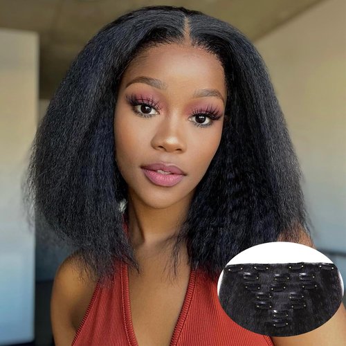 Yargel Hair 14 Inch Kinky Straight Clip in Hair Extensions for Black Women Yaki Straight Clip ins Full Head Seamless Synthetic Hair Pieces(2 pack)