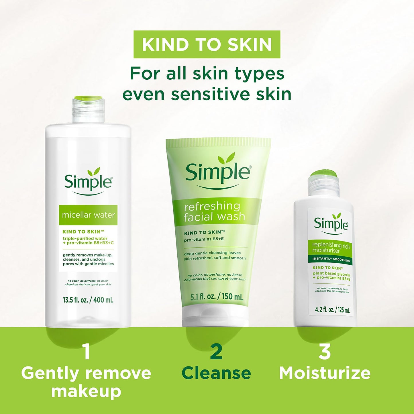 Simple Kind To Skin Refreshing Face Wash - Facial Cleanser with Vitamin B5 and E - Strengthens and Smooths Skin - Vegan, No Harsh Chemicals - 2 pc