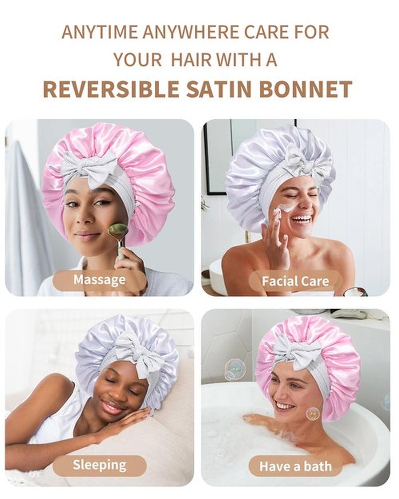 Satin Bonnet for Women Silk Bonnets for Sleeping Curly Hair Bonnet with Elastic Tie Band Reversible Double Layer Sleep Cap Hair Wrap (Pink + Grey)