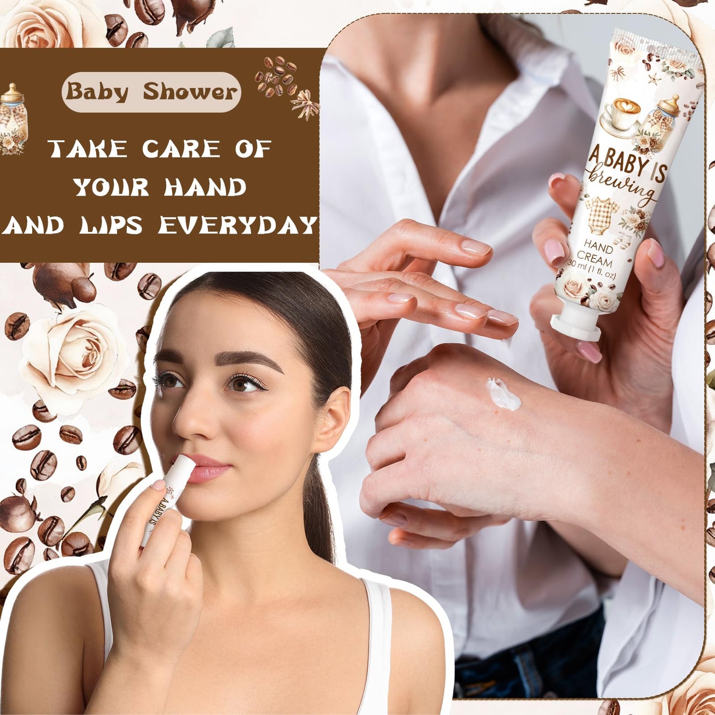 Swiffen 48 Sets a Baby Is Brewing Baby Shower Favors for Guests Coffee Babies Shower Gift Hand Cream and Lip Balm Bulk Thank You Souvenir for Pregnancy Diaper Party Supplies Gender Reveal Games Prizes
