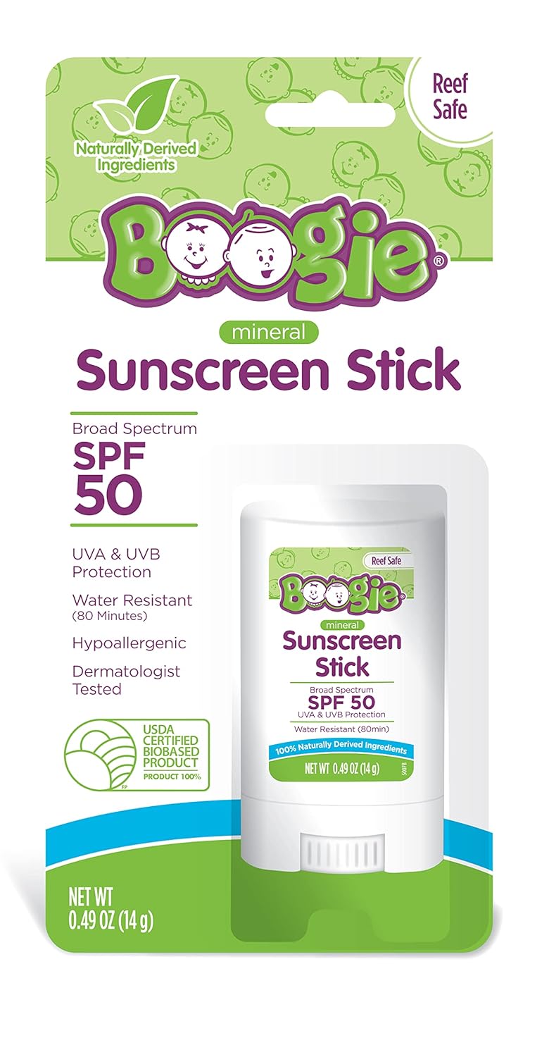 Boogie Block Baby Sunscreen Stick SPF 50 - Mineral Zinc Oxide, Travel Size, Water Resistant, Vegan, Fragrance Free (Pack of 3)